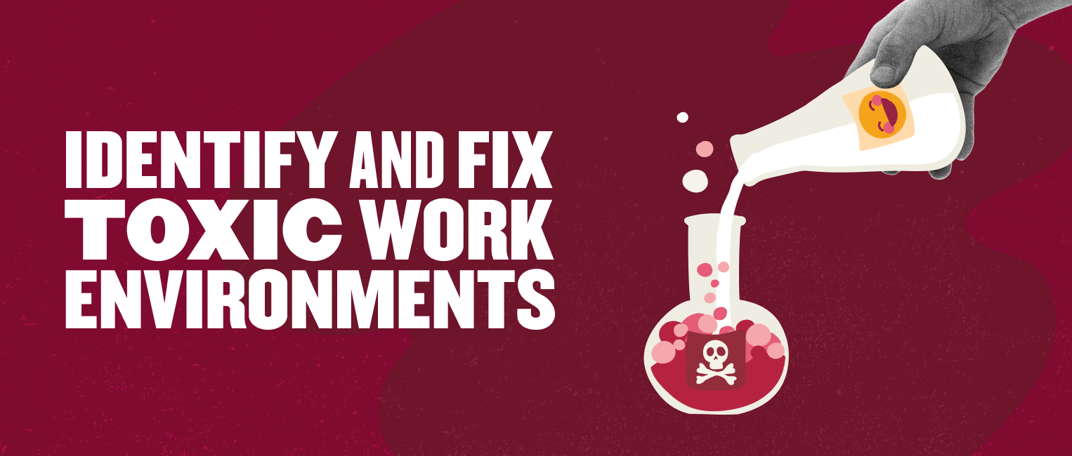 identify toxic work environments, hand pouring liquid into flask with warning symbol in a bold design with red background